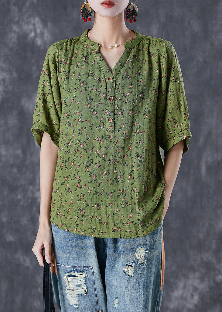 Boho Green V Neck Print Cotton Top Summer TD1024