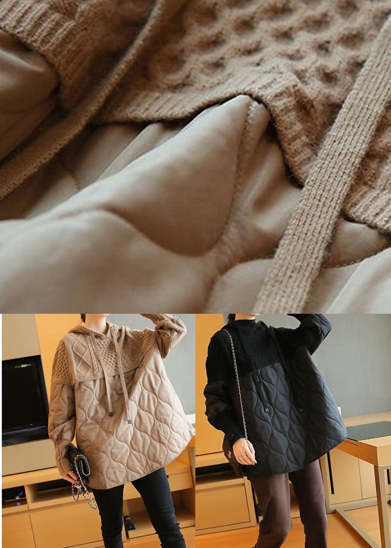 Boho Khaki Oversized Patchwork Knit Sweatshirts Top Spring LY1443