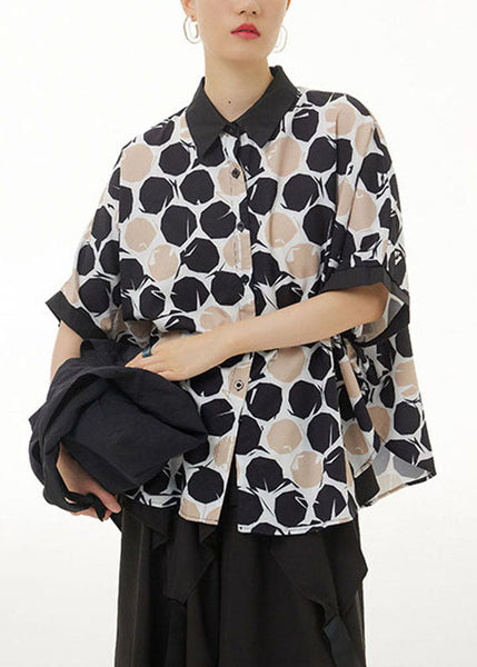 Boho Khaki Peter Pan Collar Print Cotton Shirts Top Summer LY1238