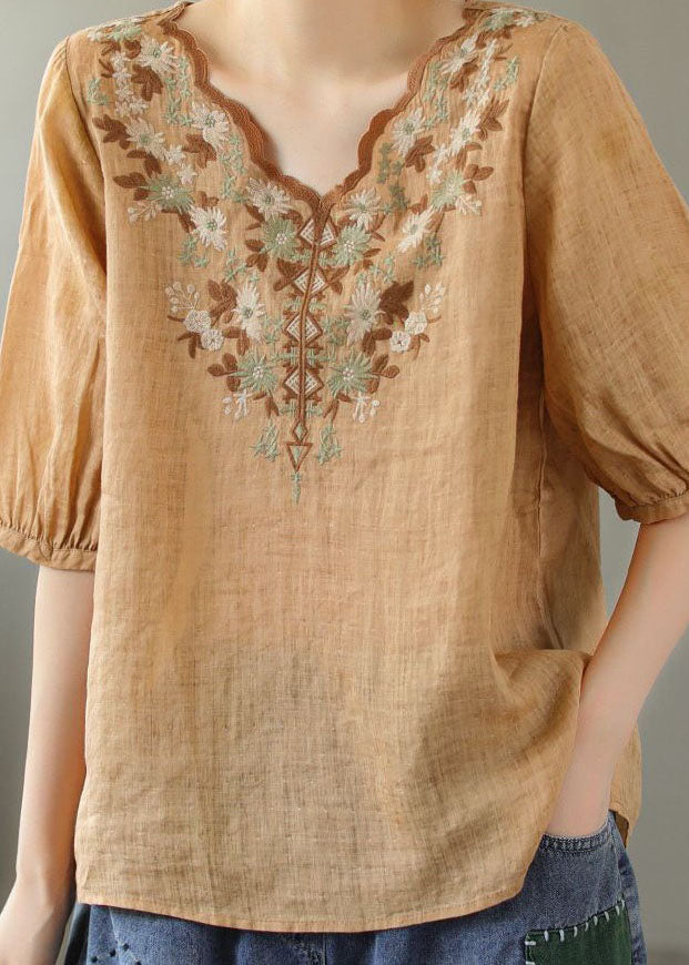 Boho Khaki V Neck Embroideried Patchwork Linen T Shirt Summer LY0620