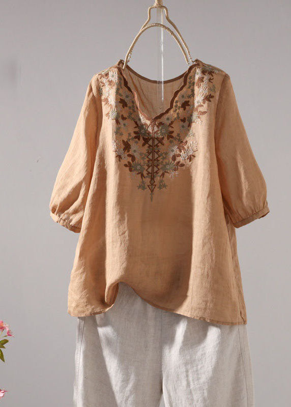 Boho Khaki V Neck Embroideried Patchwork Linen T Shirt Summer LY0620