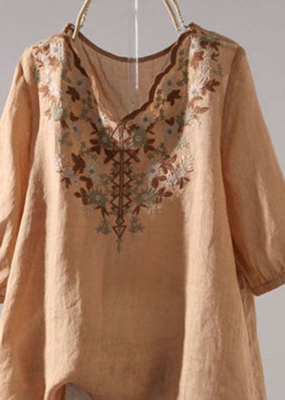 Boho Khaki V Neck Embroideried Patchwork Linen T Shirt Summer LY0620