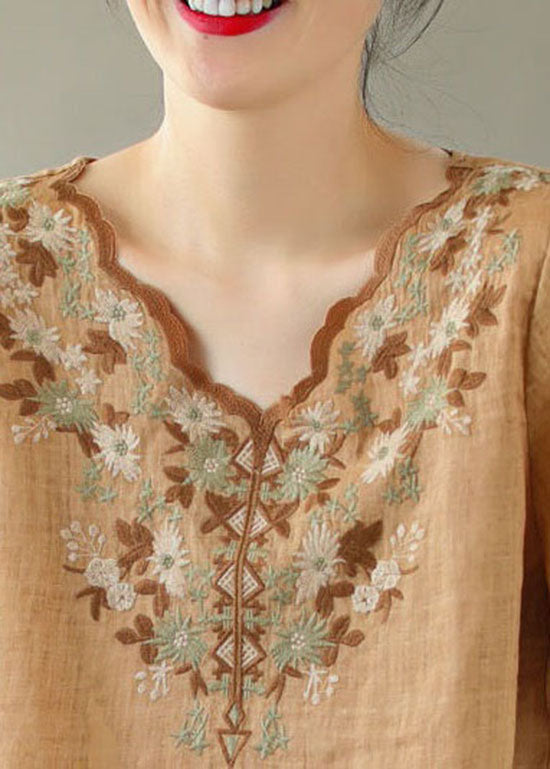 Boho Khaki V Neck Embroideried Patchwork Linen T Shirt Summer LY0620