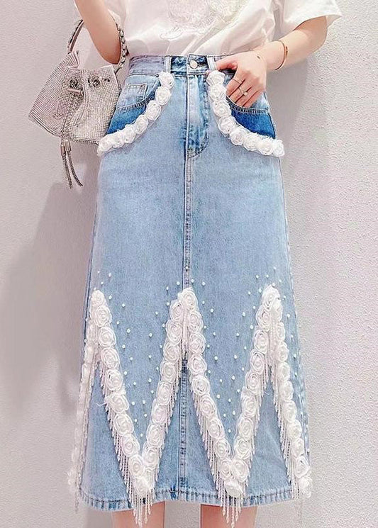 Boho Light Blue Tassel Patchwork High Waist Deninm Skirt Summer TY1081