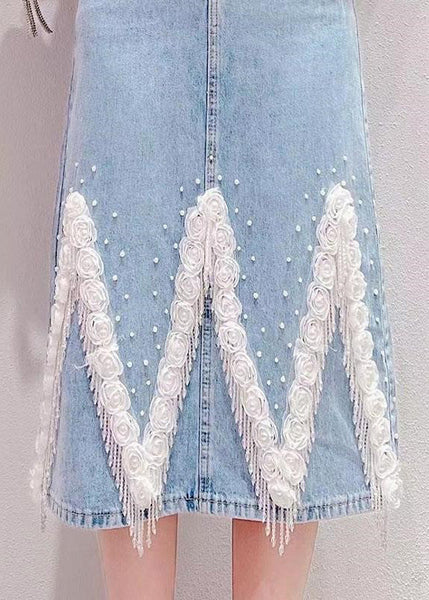 Jupe en jean taille haute à franges bleu clair style bohème, patchwork, TY1081