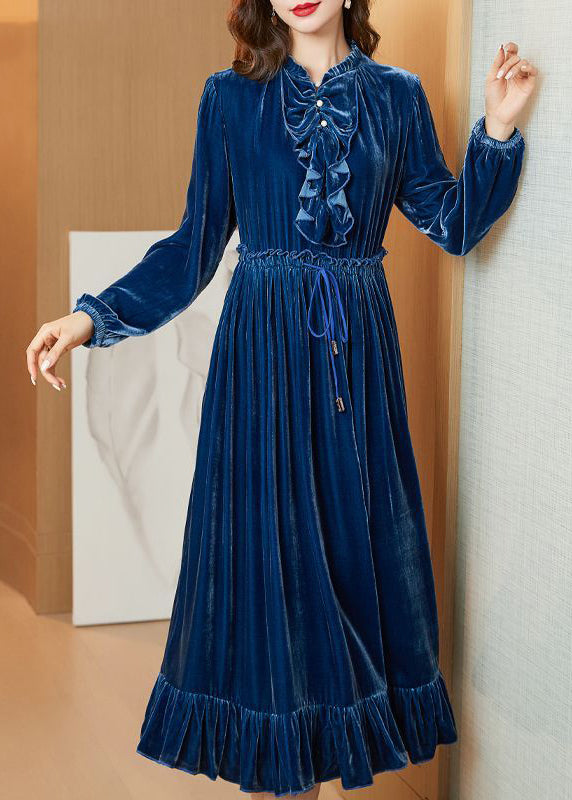 Boho Navy Cinched Patchwork Ruffles Silk Velour Long Dress Spring LY0694