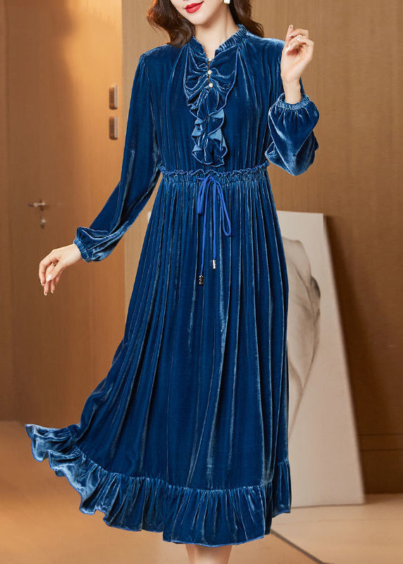 Boho Navy Cinched Patchwork Ruffles Silk Velour Long Dress Spring LY0694