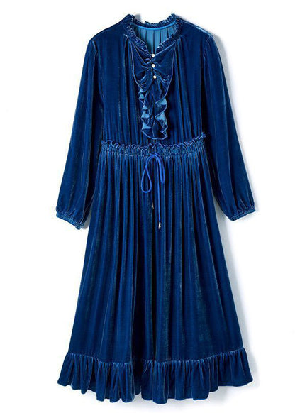 Boho Navy Cinched Patchwork Ruffles Silk Velour Long Dress Spring LY0694