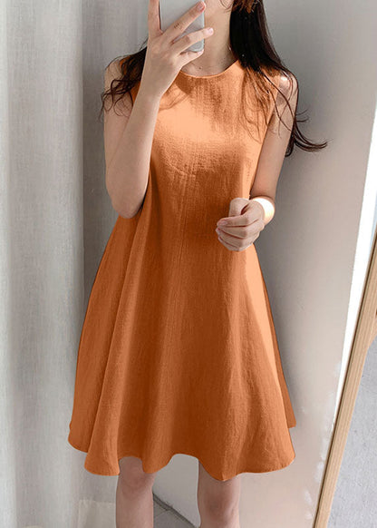 Boho Orange O-Neck Slim Fit Exra Large Hem Cotton Dresses Sleeveless LY1311