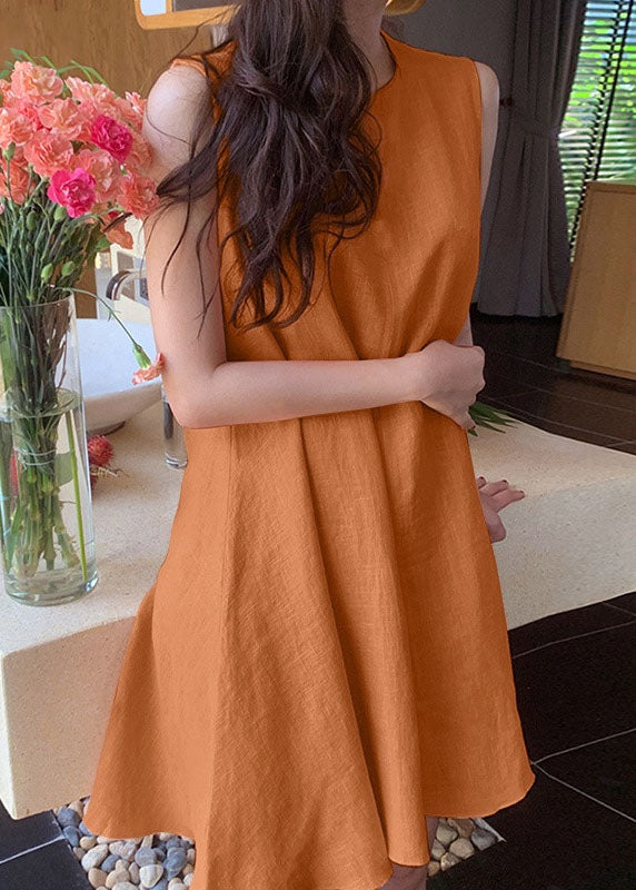 Boho Orange O-Neck Slim Fit Exra Large Hem Cotton Dresses Sleeveless LY1311