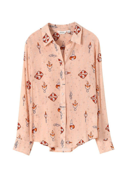 Boho Pink Peter Pan Collar Print Silk Blouses Spring LY0087