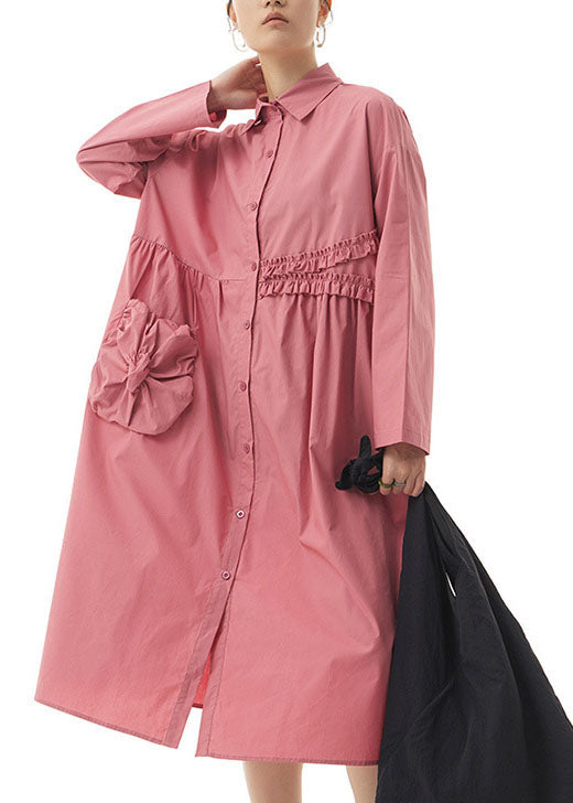 Boho Pink Ruffled Patchwork Cotton Shirts Dresses Spring LY1171