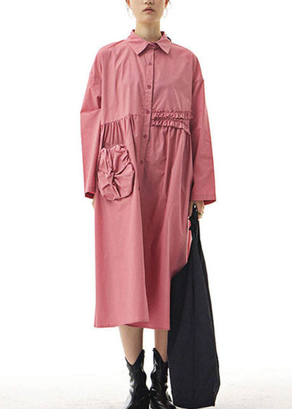 Boho Pink Ruffled Patchwork Cotton Shirts Dresses Spring LY1171