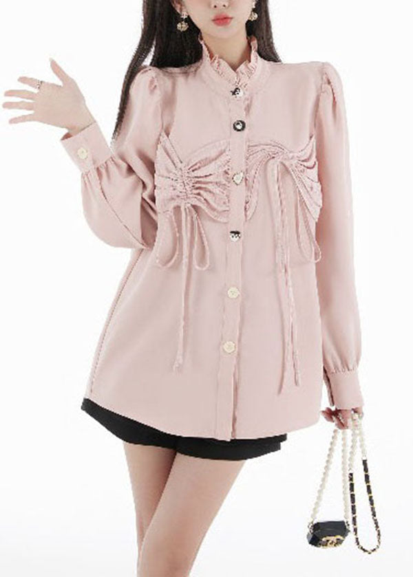 Boho Pink Ruffled Patchwork Wrinkled Chiffon Top Puff Sleeve LY0779