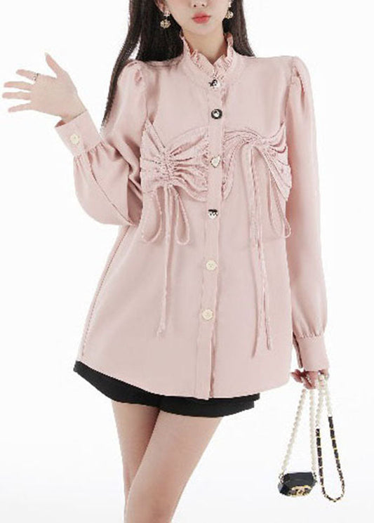 Boho Pink Ruffled Patchwork Wrinkled Chiffon Top Puff Sleeve LY0779