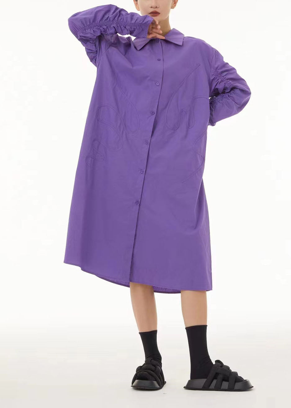 Boho Purple Peter Pan Collar Wrinkled Cotton Long Dress Spring LC0163