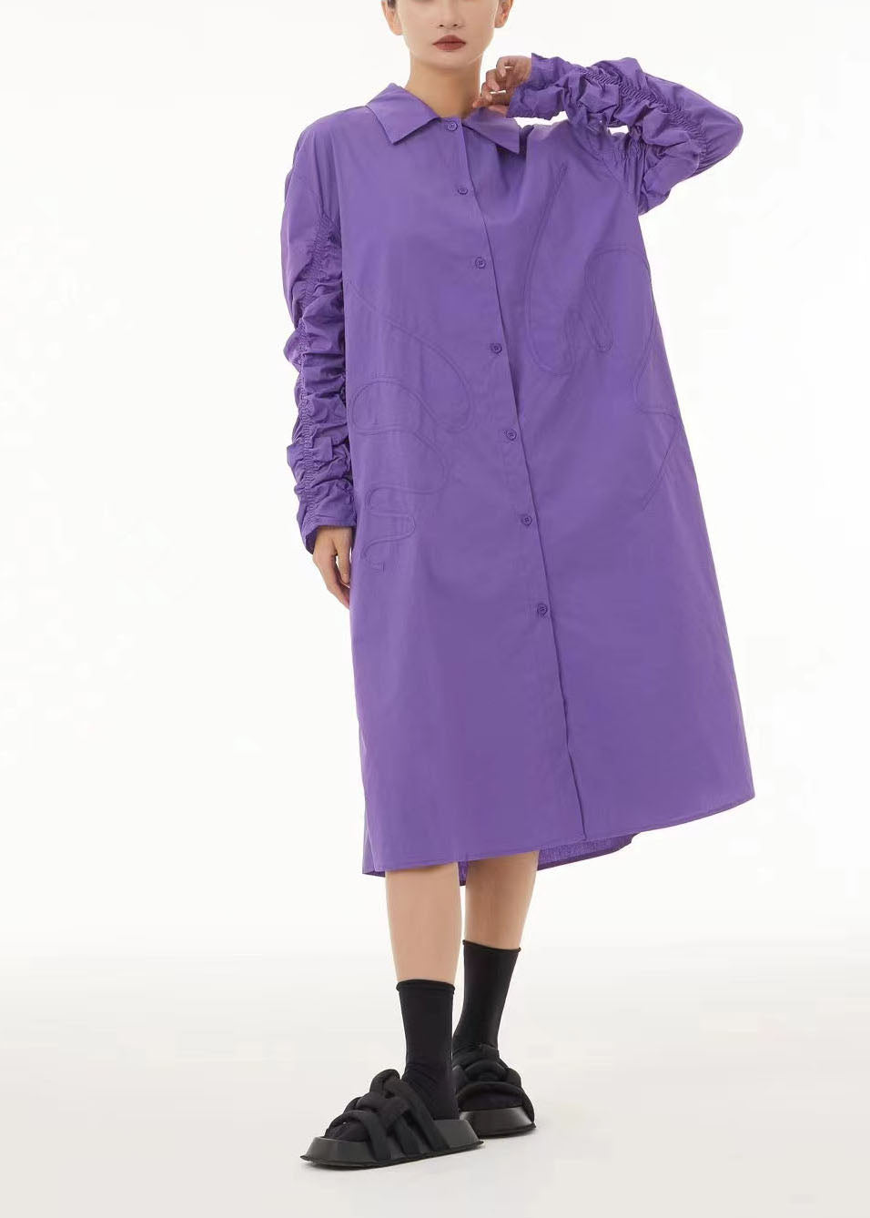 Boho Purple Peter Pan Collar Wrinkled Cotton Long Dress Spring LC0163