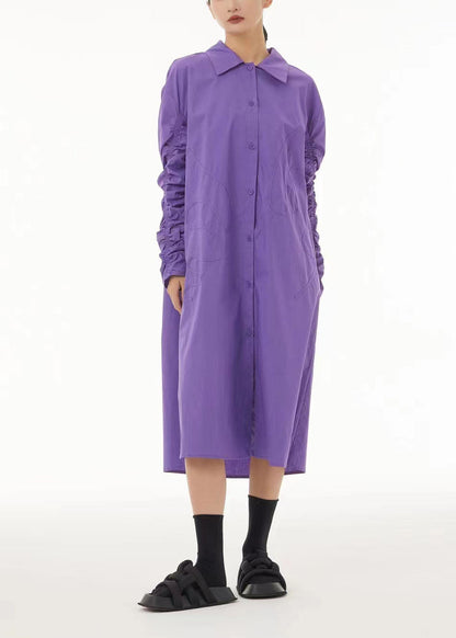 Boho Purple Peter Pan Collar Wrinkled Cotton Long Dress Spring LC0163