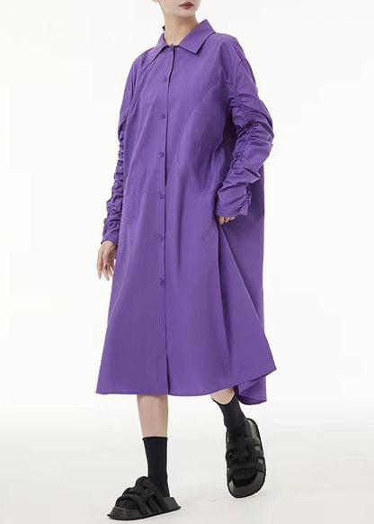 Boho Purple Peter Pan Collar Wrinkled Cotton Long Dress Spring LC0163