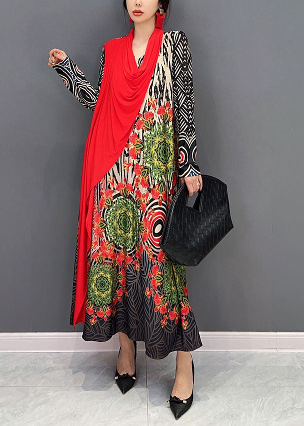 Boho Red Asymmetrical Patchwork Print Maxi Dress Spring LY0576