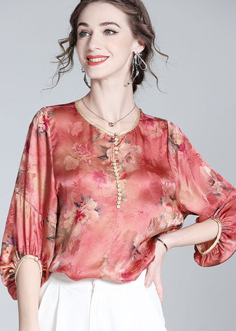 Boho Red O Neck Floral Print Silk Blouse Top Bracelet Sleeve LY0989