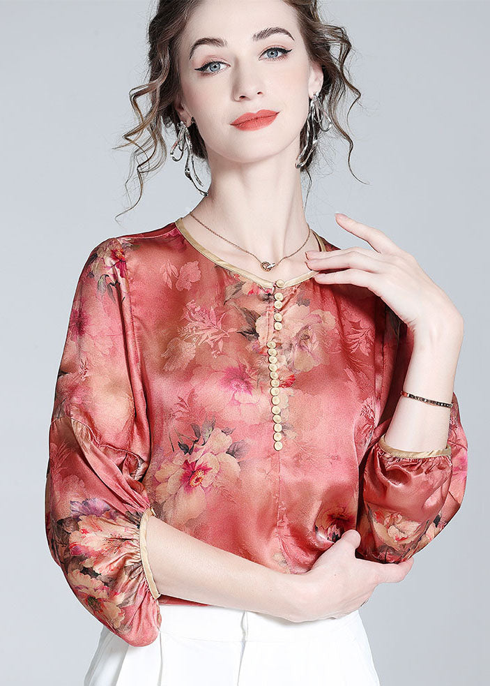 Boho Red O Neck Floral Print Silk Blouse Top Bracelet Sleeve LY0989