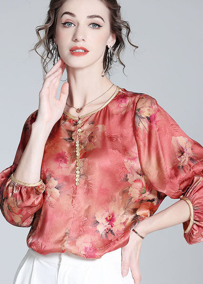 Boho Red O Neck Floral Print Silk Blouse Top Bracelet Sleeve LY0989