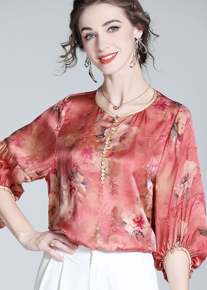 Boho Red O Neck Floral Print Silk Blouse Top Bracelet Sleeve LY0989