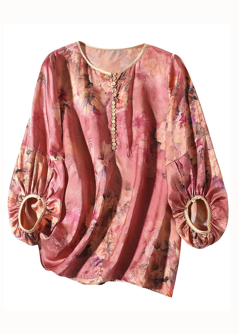 Boho Red O Neck Floral Print Silk Blouse Top Bracelet Sleeve LY0989