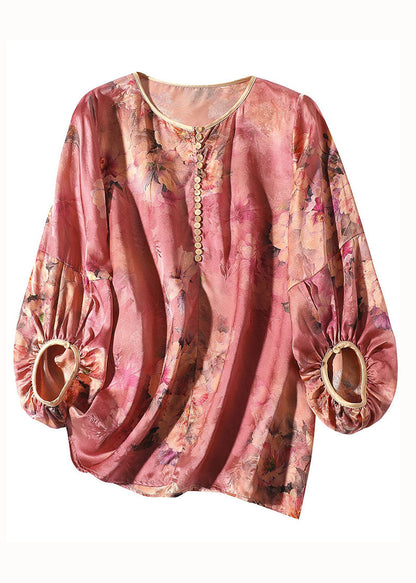 Boho Red O Neck Floral Print Silk Blouse Top Bracelet Sleeve LY0989