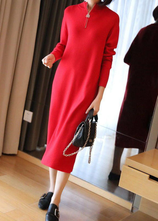 Boho Red Stand Collar Zip Up Knit Maxi Dresses Spring LY1451