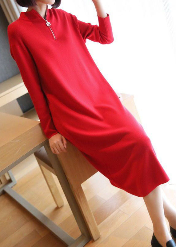 Boho Red Stand Collar Zip Up Knit Maxi Dresses Spring LY1451