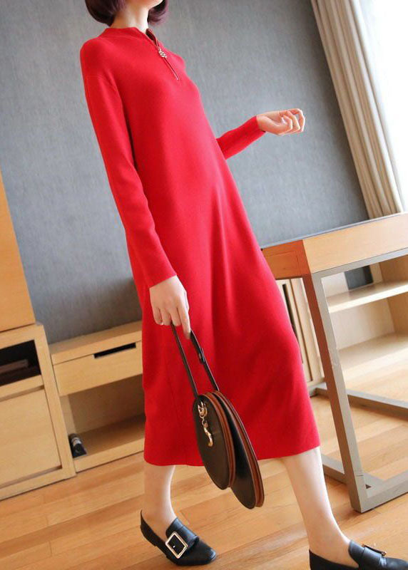 Boho Red Stand Collar Zip Up Knit Maxi Dresses Spring LY1451