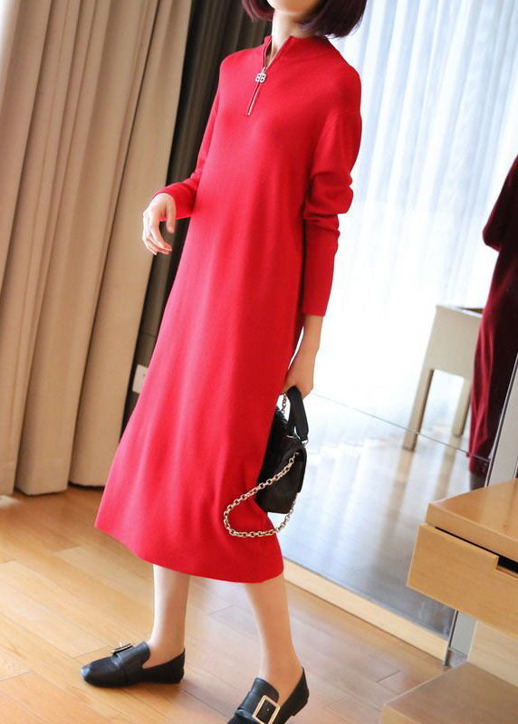 Boho Red Stand Collar Zip Up Knit Maxi Dresses Spring LY1451