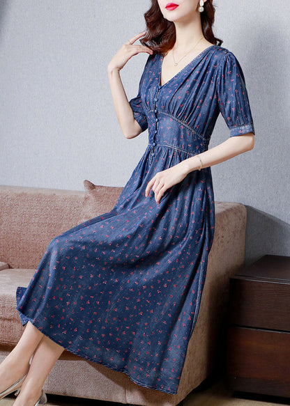 Boho V Neck Print Solid Tunic Silk Denim Long Dress Short Sleeve AC2019