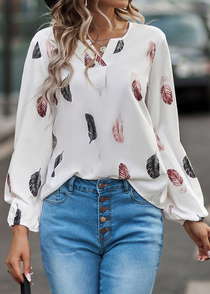 Boho White Print Shirt Top Long Sleeve LY1935