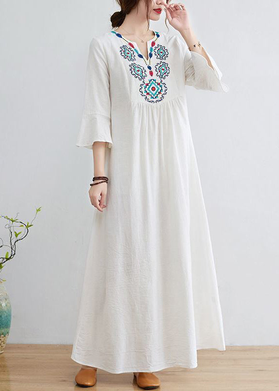 Boho White V Neck Embroideried Cotton A Line Dress Bracelet Sleeve LY0897