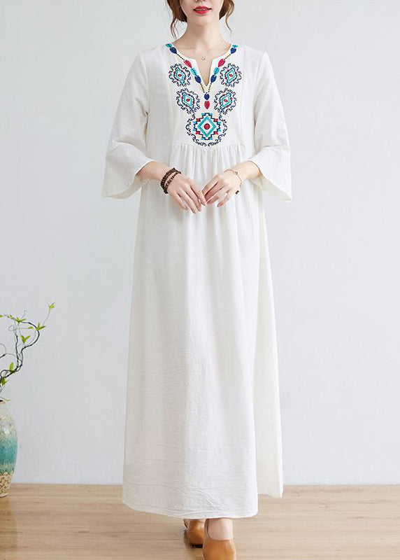 Boho White V Neck Embroideried Cotton A Line Dress Bracelet Sleeve LY0897