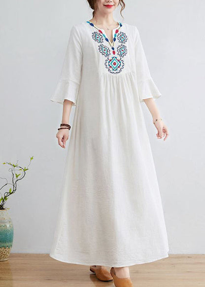 Boho White V Neck Embroideried Cotton A Line Dress Bracelet Sleeve LY0897