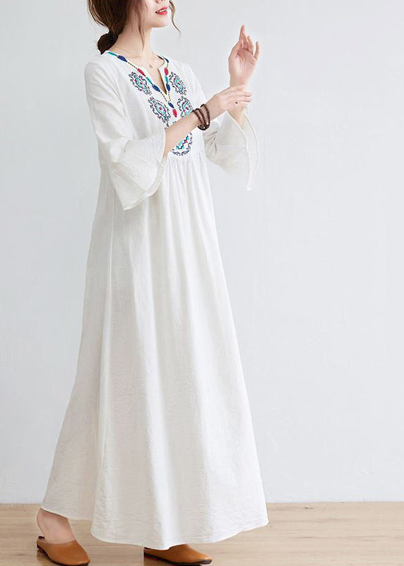 Boho White V Neck Embroideried Cotton A Line Dress Bracelet Sleeve LY0897