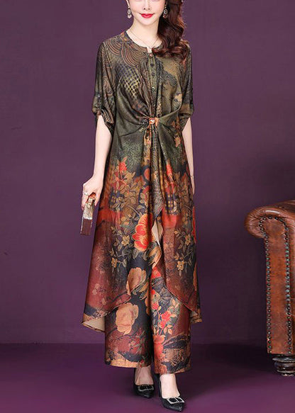 Boutique Asymmetrical Design Wrinkled Print Silk Two Pieces Set Summer LY1067