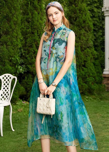 Boutique Baby Blue Stand Collar Tasseled Print Silk Dresses Sleeveless LC0229