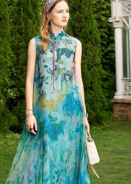 Boutique Baby Blue Stand Collar Tasseled Print Silk Dresses Sleeveless LC0229