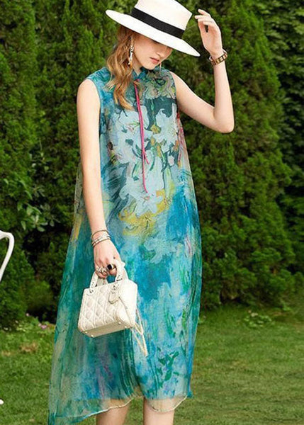 Boutique Baby Blue Stand Collar Tasseled Print Silk Dresses Sleeveless LC0229