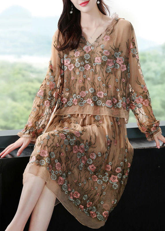 Boutique Beige Hooded Embroideried Patchwork Silk Fake Two Piece Dresses Spring LY1014