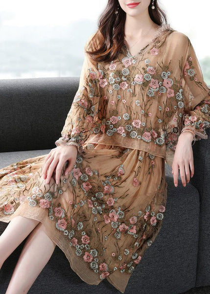 Boutique Beige Hooded Embroideried Patchwork Silk Fake Two Piece Dresses Spring LY1014