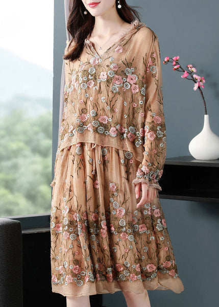 Boutique Beige Hooded Embroideried Patchwork Silk Fake Two Piece Dresses Spring LY1014