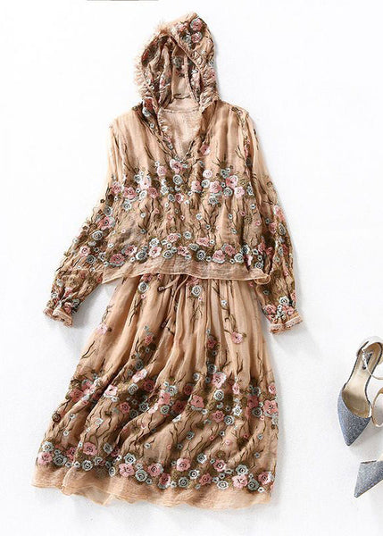 Boutique Beige Hooded Embroideried Patchwork Silk Fake Two Piece Dresses Spring LY1014