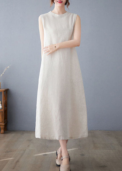 Boutique Beige O Neck Pockets Patchwork Cotton Dresses Sleeveless LC0441