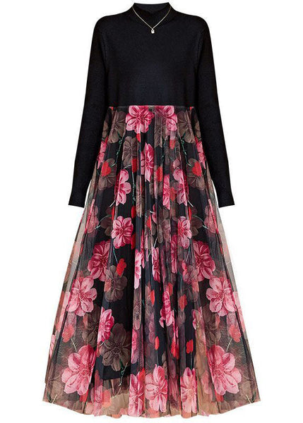 Boutique Black High Neck Patchwork Tulle Print Knit Maxi Dresses Spring AC2049